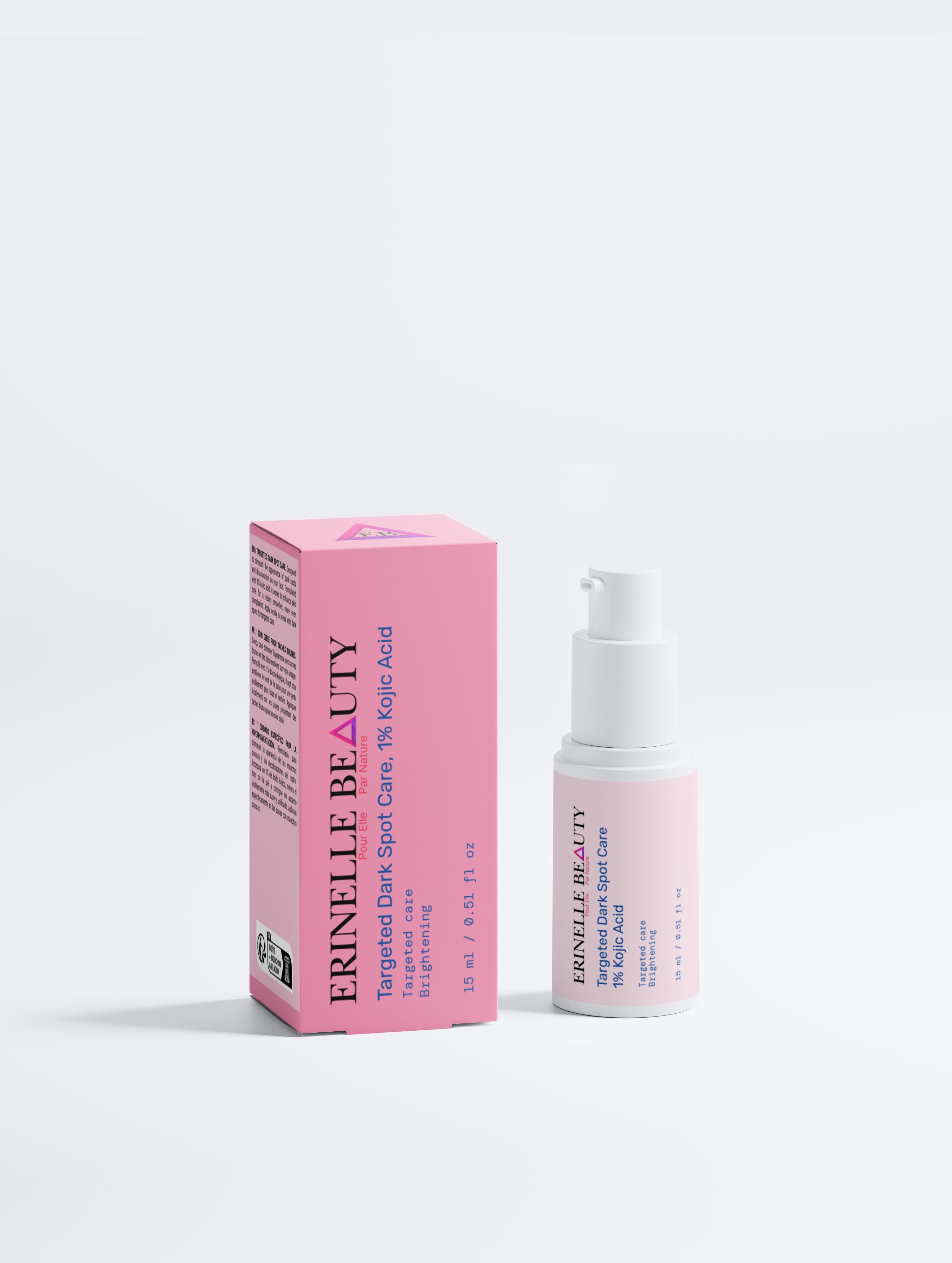 Erinelle Beauty natural dark spot corrector for women with 7% hyaluronic acid in pink bottle and box