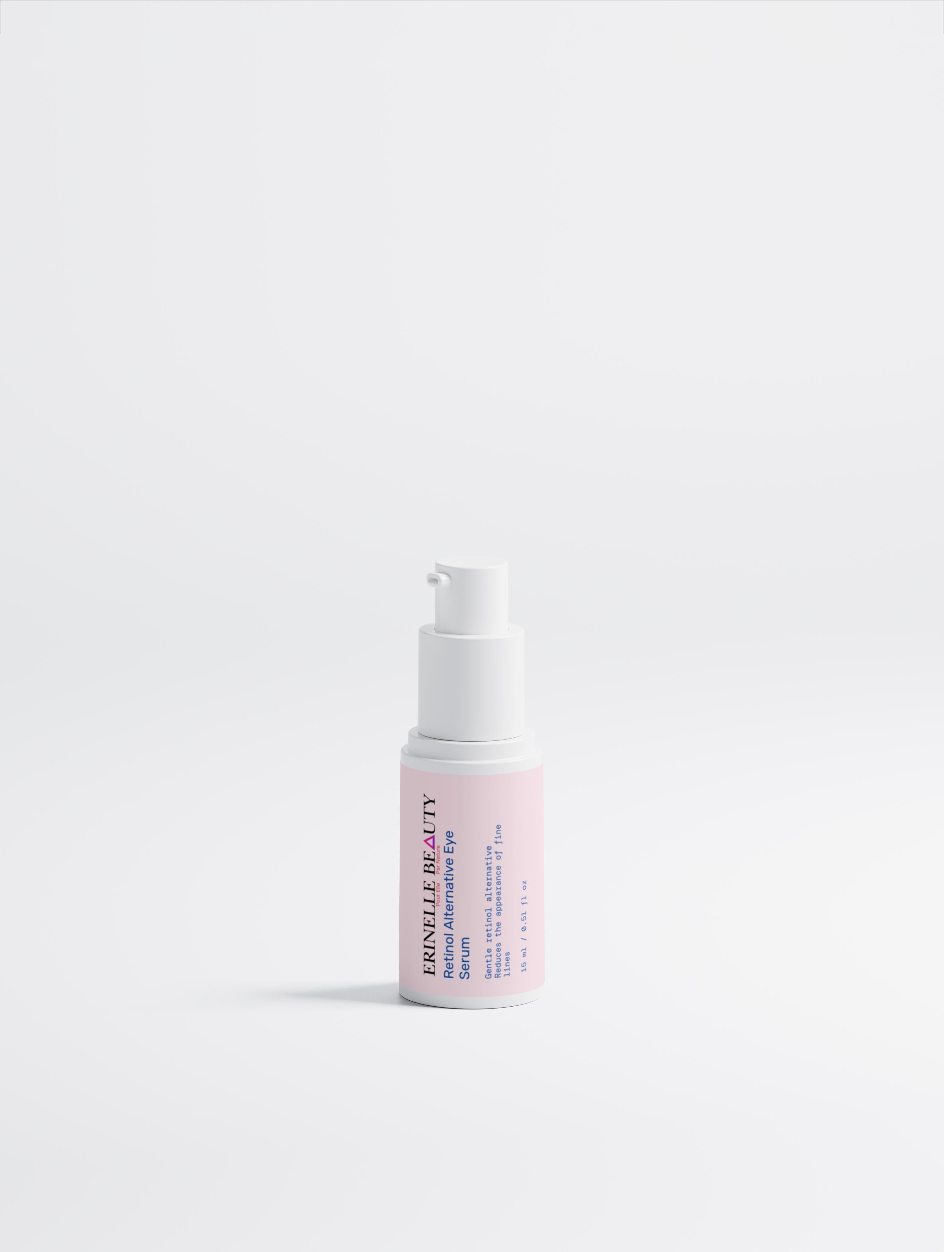 Erinelle Beauty natural under eye serum for women in a white pump bottle with pink label