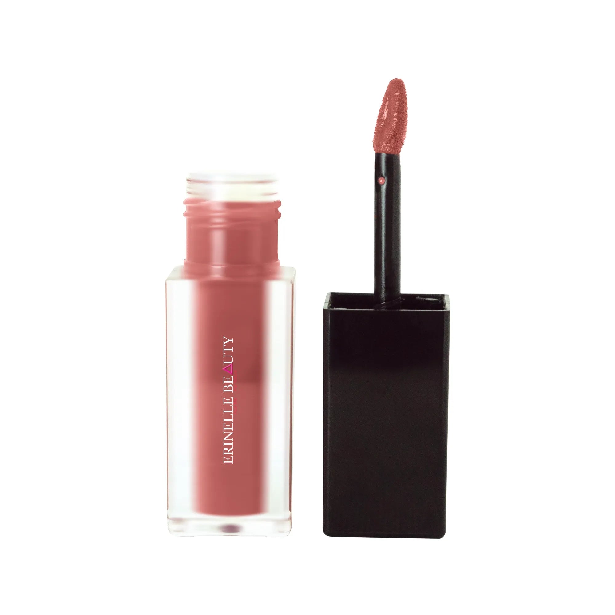 Erinelle Beauty lip stain lips in mauve shade with applicator and transparent bottle