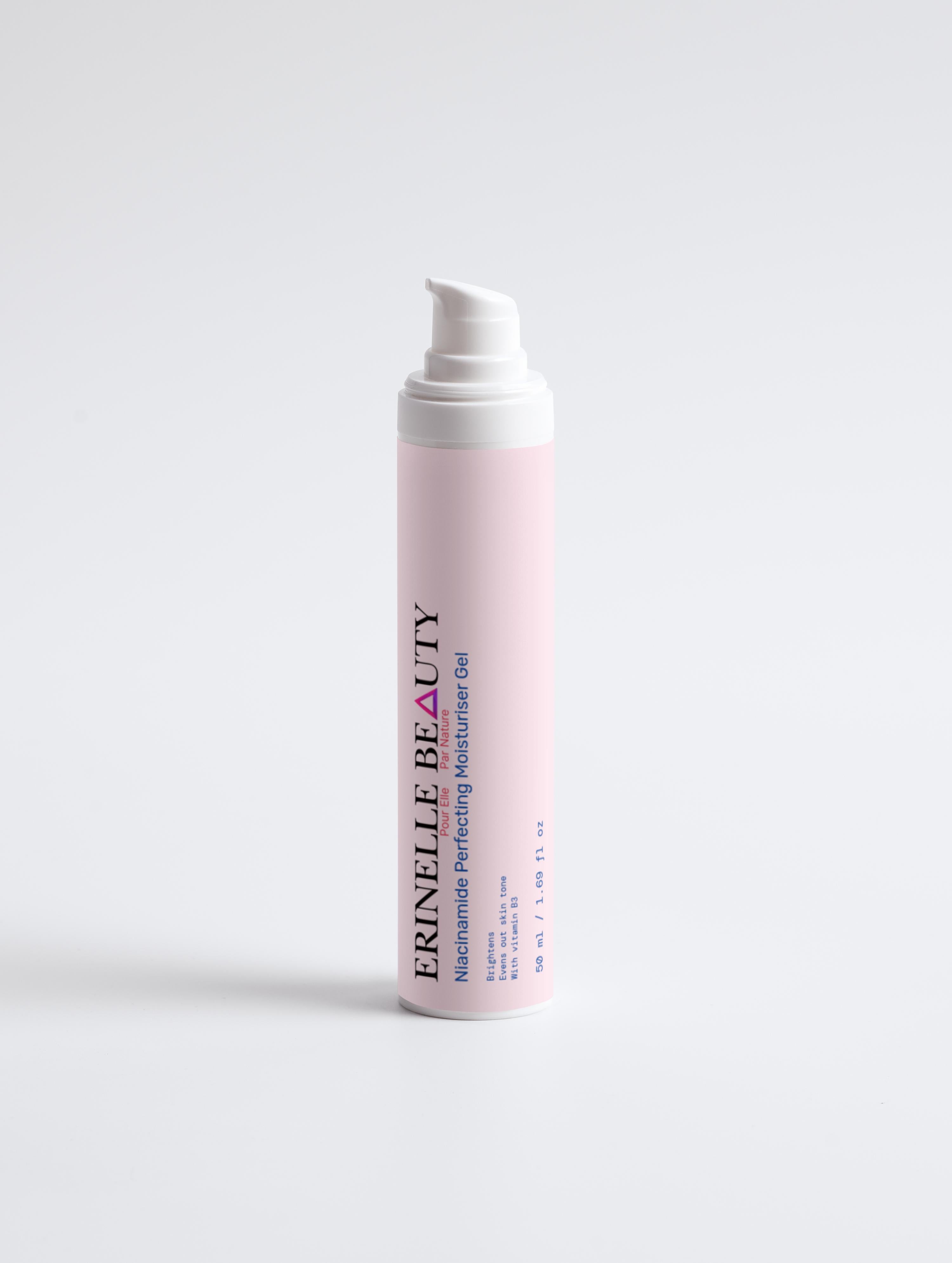 Erinelle Beauty niacinamide moisturizer gel in a pink and white pump bottle for skincare