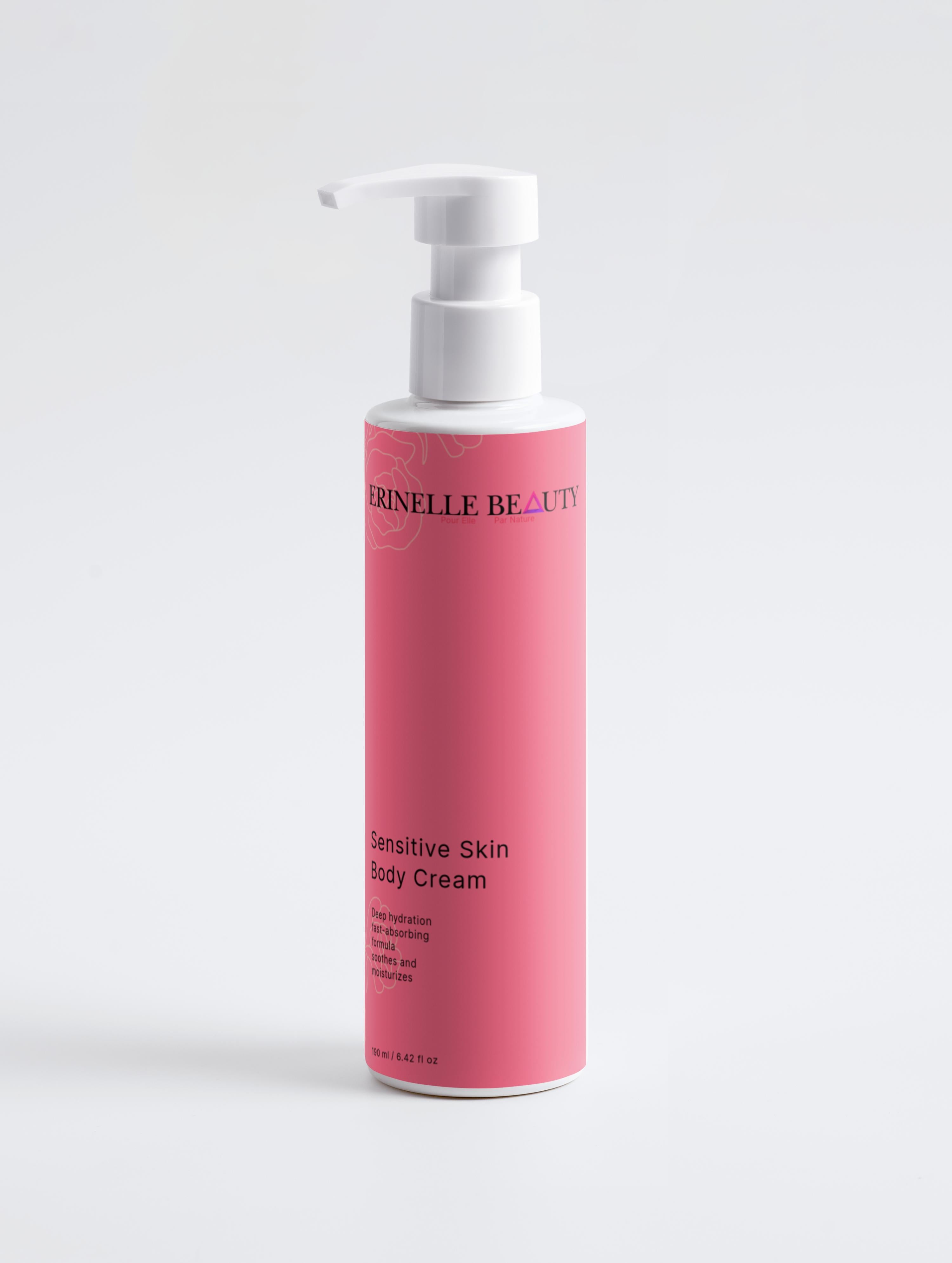 Erinelle Beauty natural sensitive skin moisturizer in pink pump bottle for body care