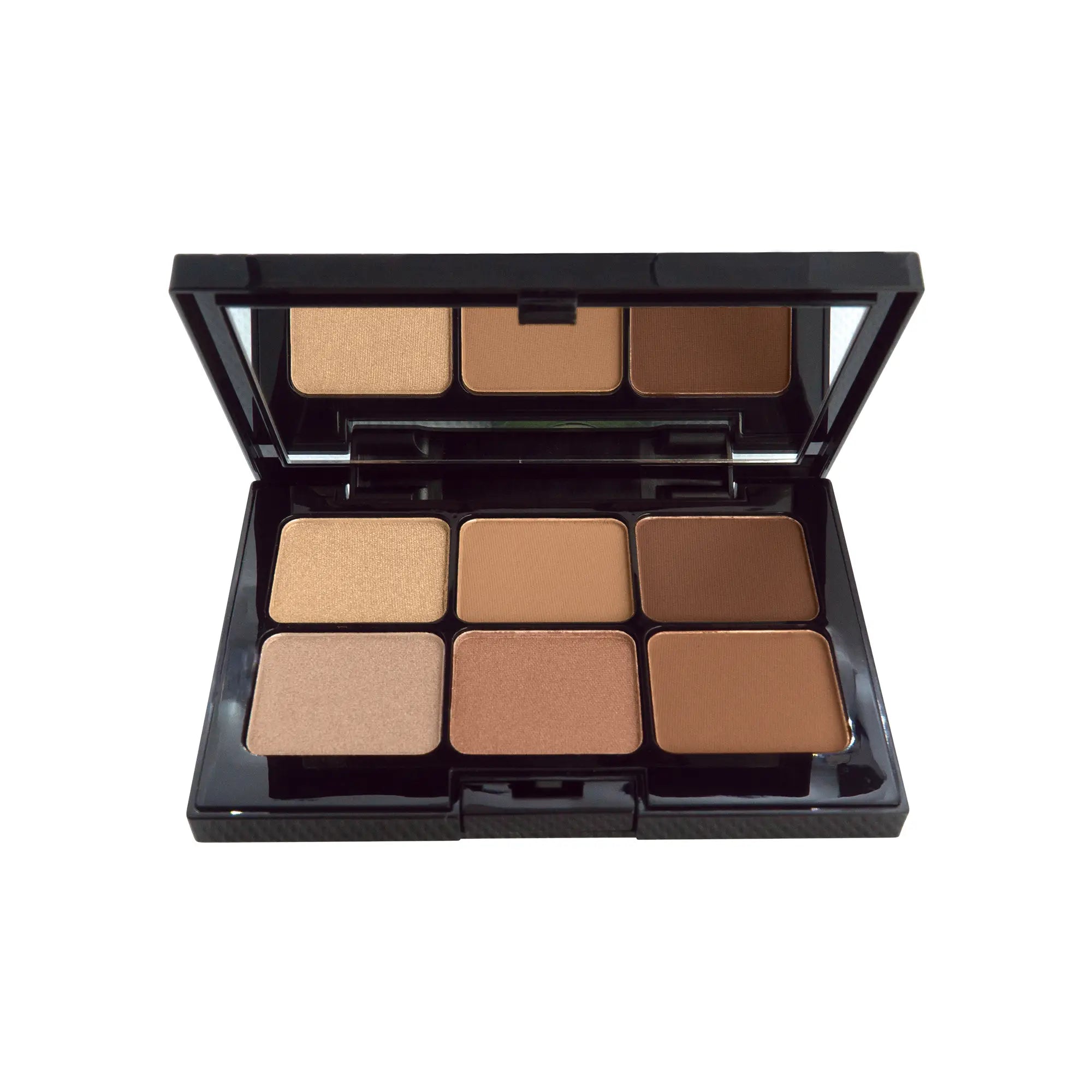 Erinelle Beauty natural caramel eyeshadow palette with six warm brown shades in sleek black case