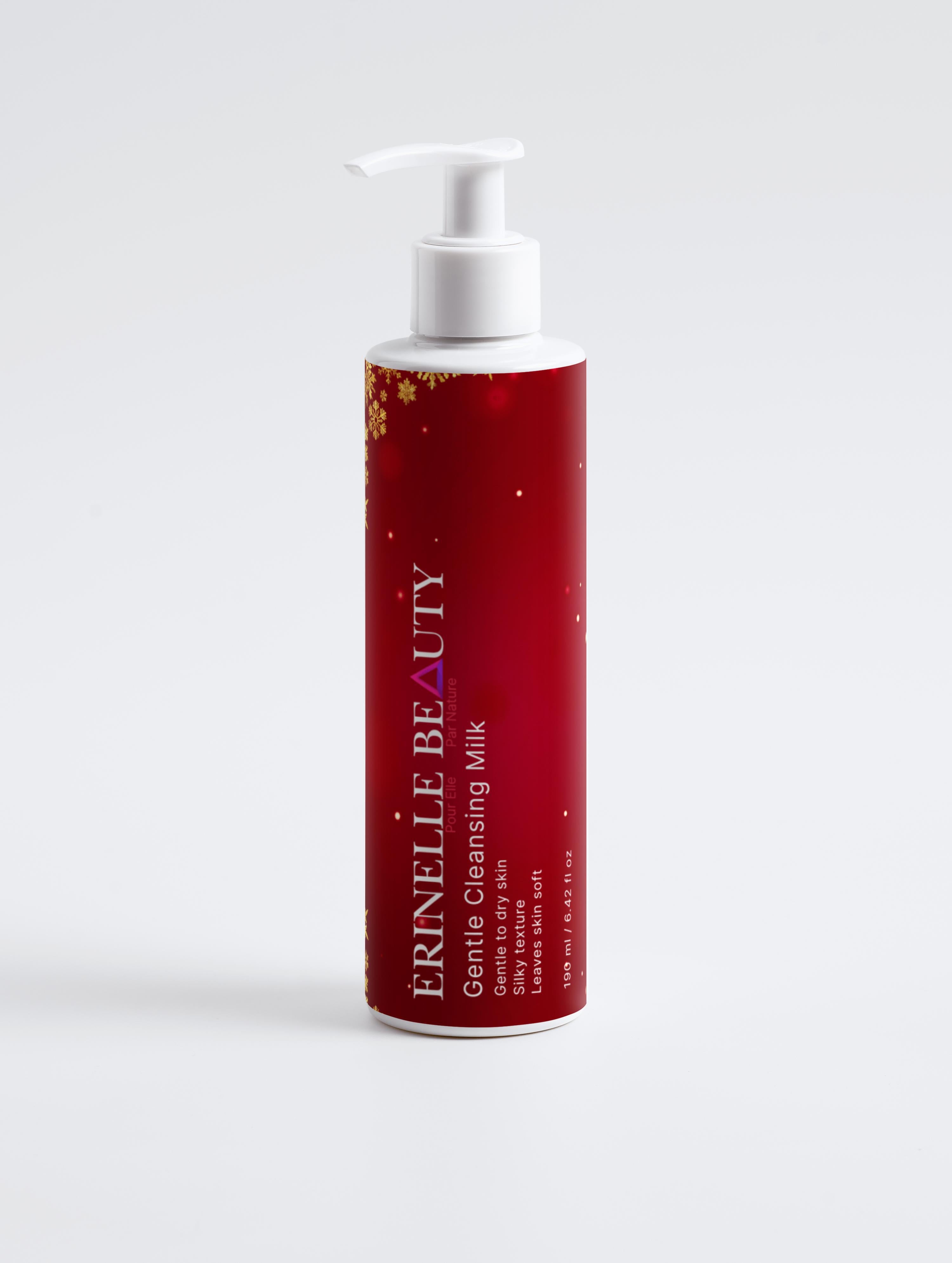 Erinelle Beauty Gentle Cleansing Milk in red pump bottle for delicate face and eyes cleansing