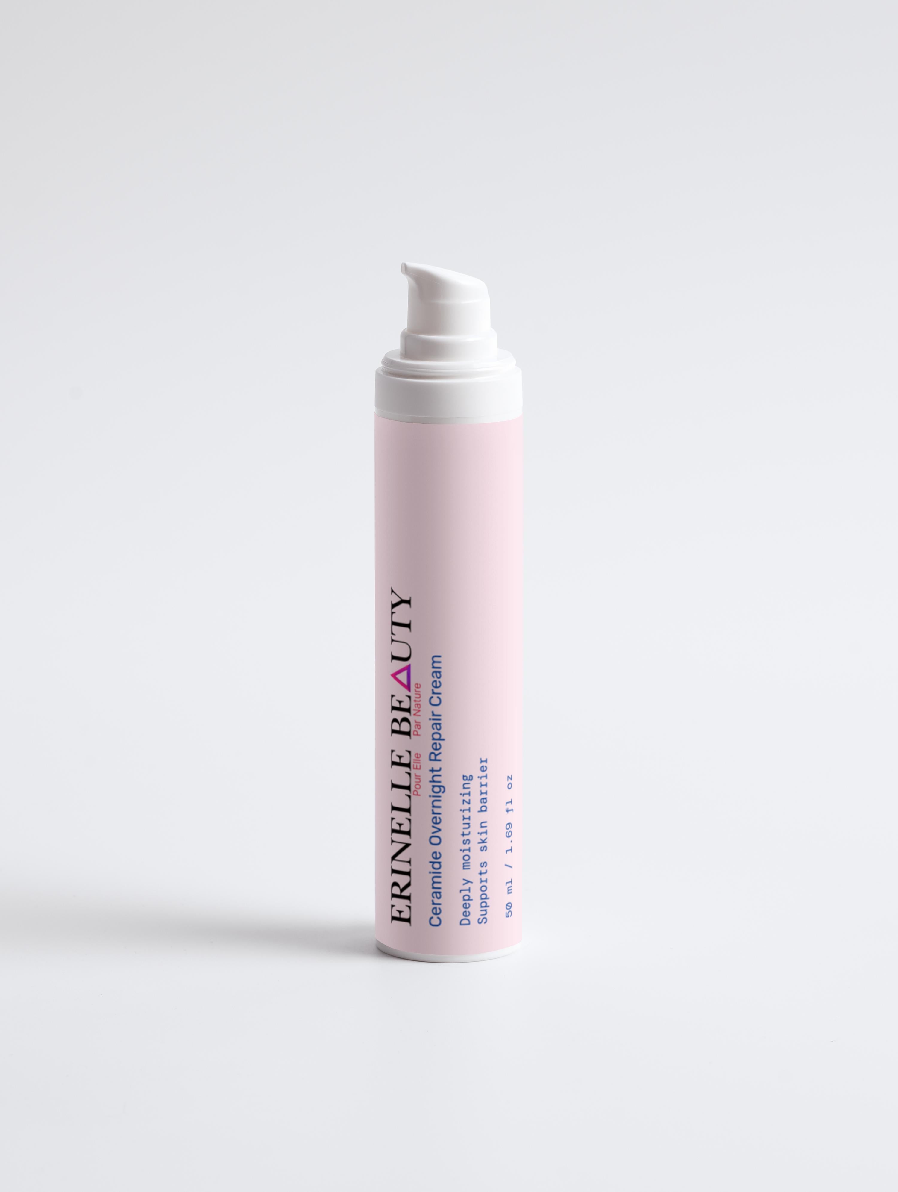 Erinelle Beauty ceramide overnight repair cream in a sleek pink pump bottle for skin hydration