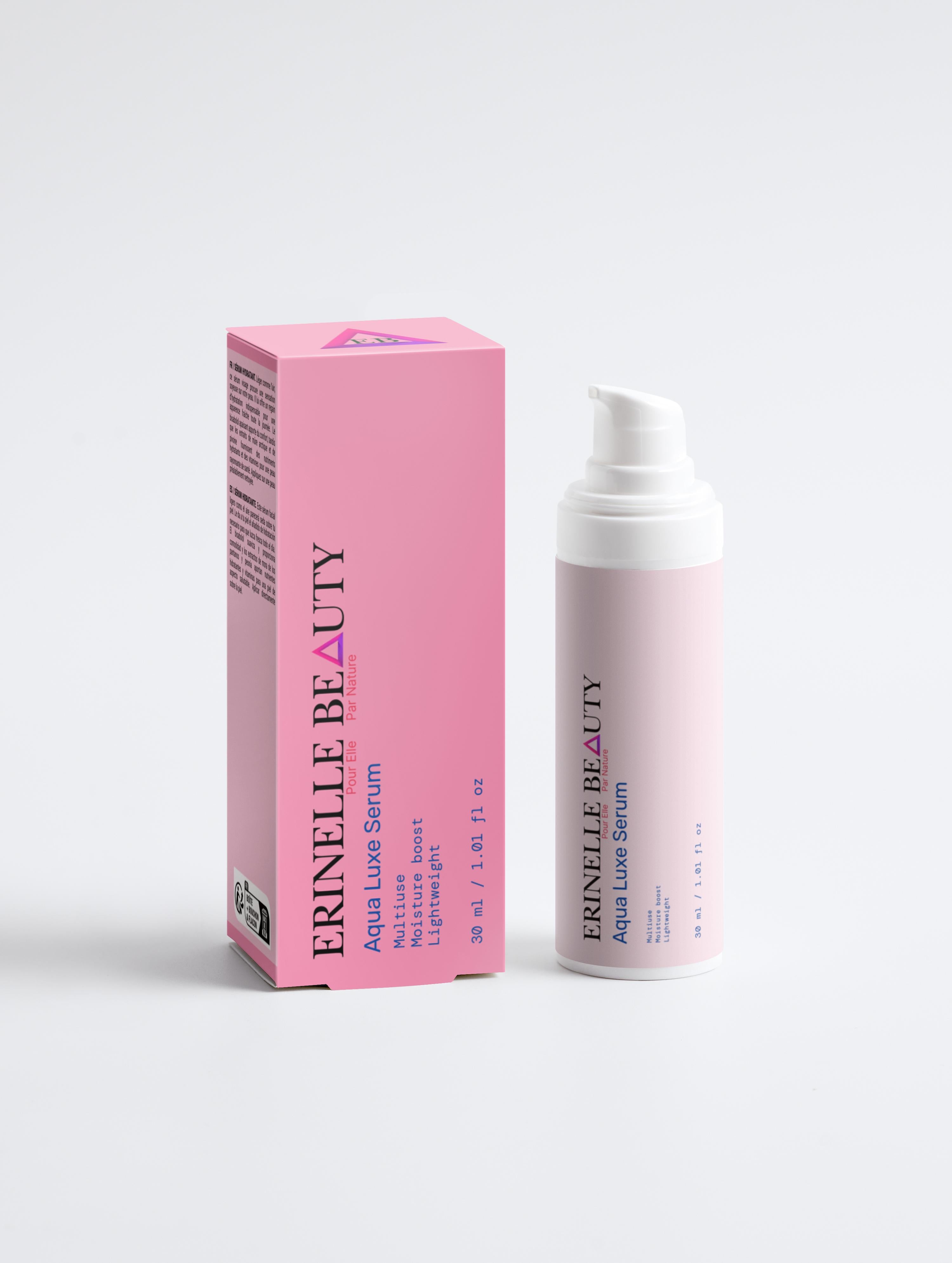 Erinelle Beauty Aqua Luxe Serum for glowing skin in pink pump bottle with matching box