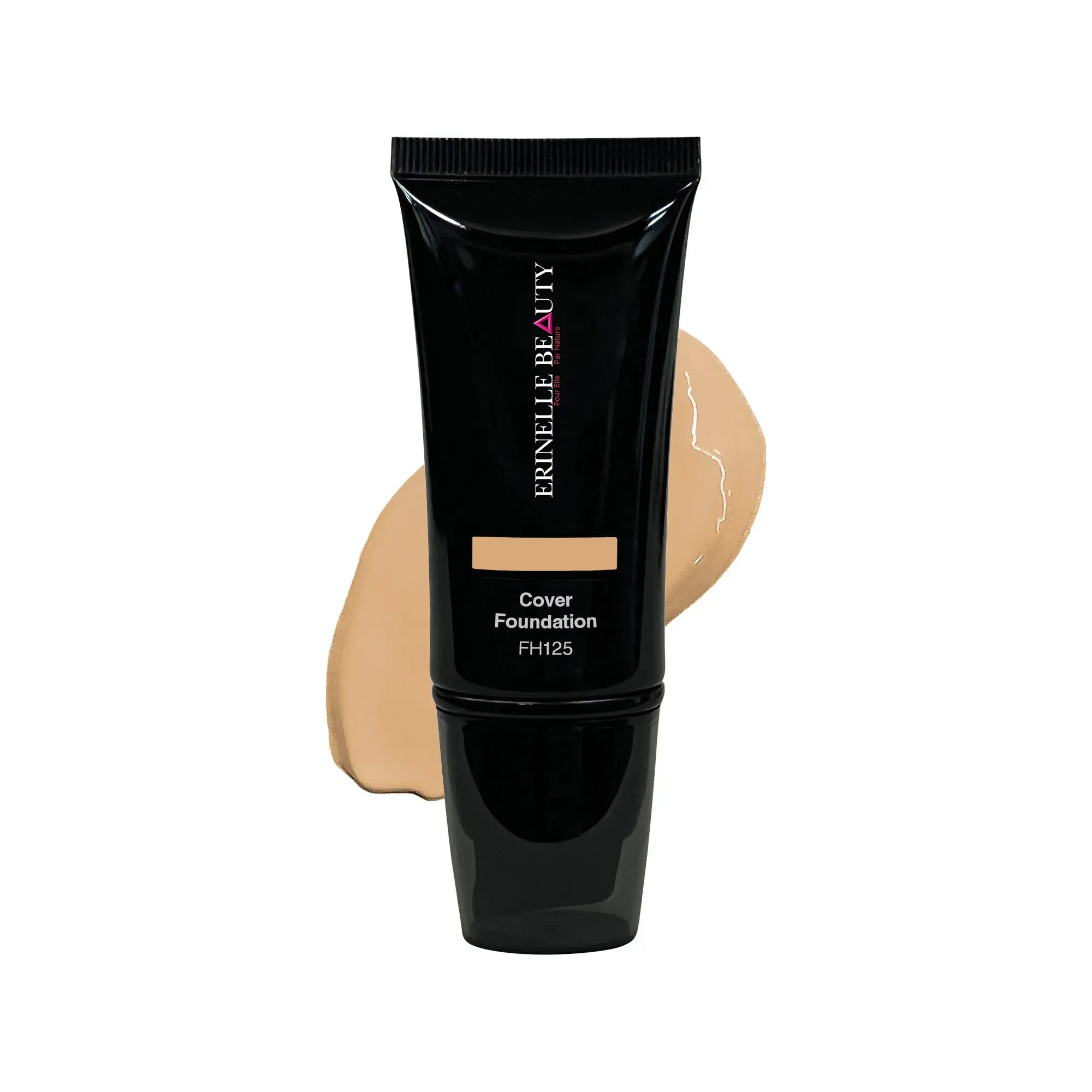 Erinelle Beauty full coverage foundation for women in a black tube with creamy beige swatch