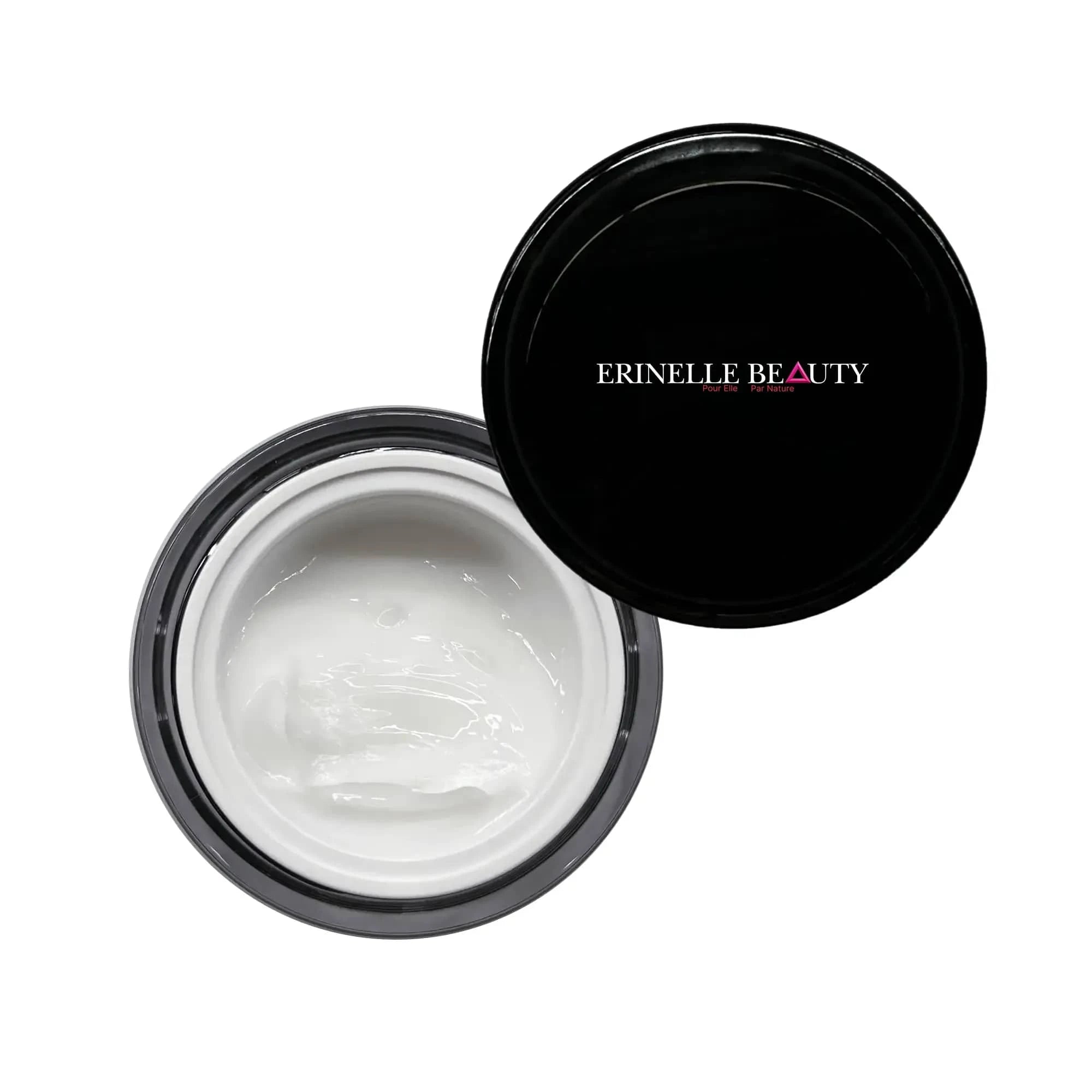 Erinelle Beauty gentle under eye moisturizer for women in an open black jar showing white cream texture