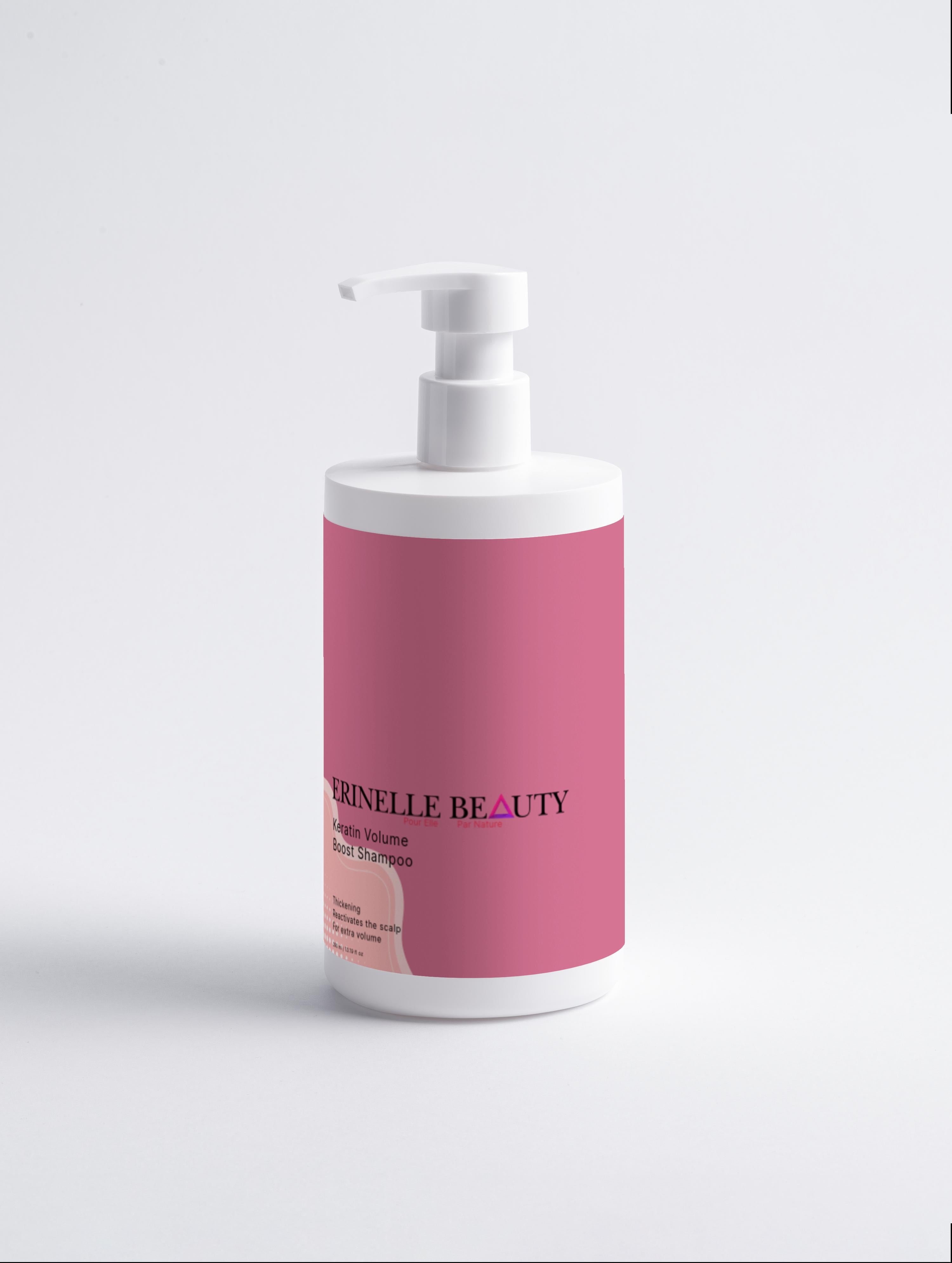 Erinelle Beauty keratin volume boost shampoo in a white pump bottle with pink label