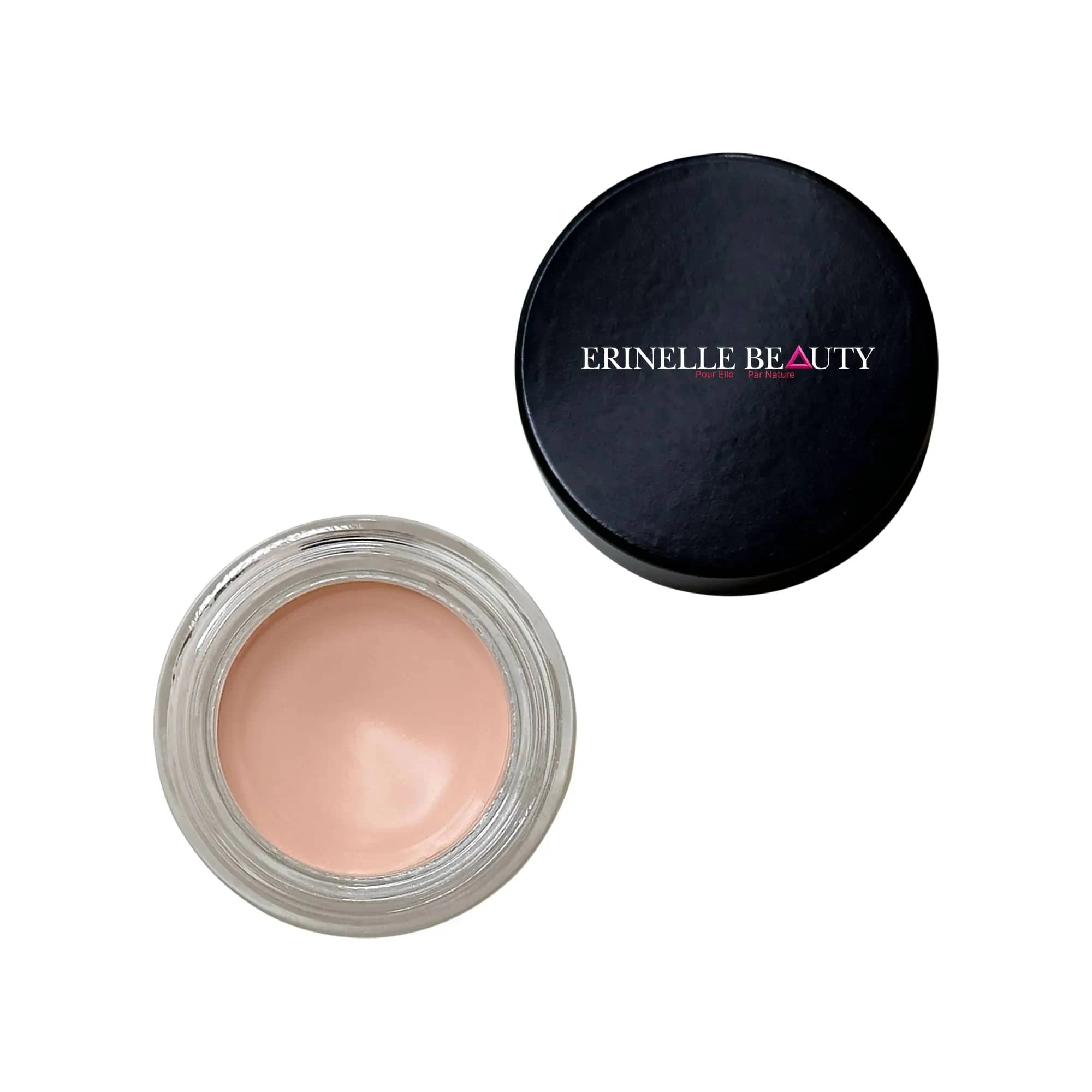 Erinelle Beauty natural eye and lip primer in a clear jar with a black lid on white background