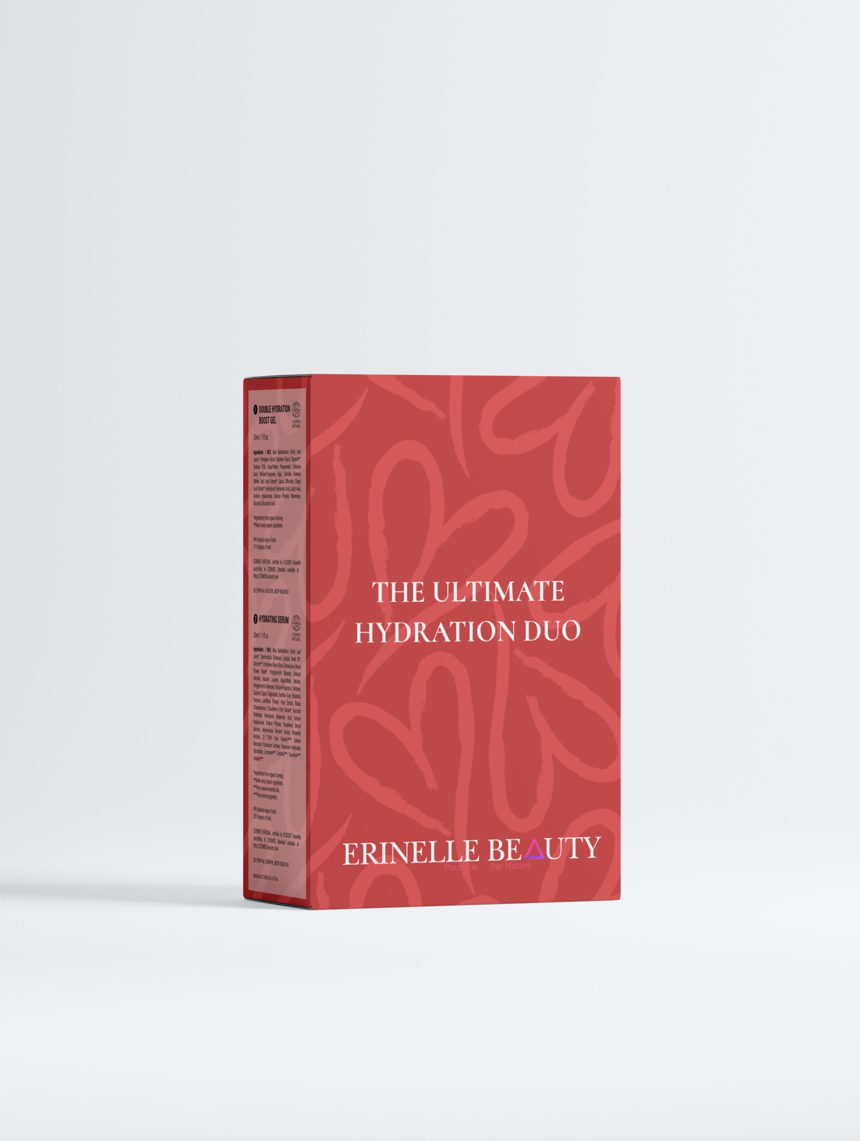 Erinelle Beauty natural hydration skincare set in red packaging labeled The Ultimate Hydration Duo