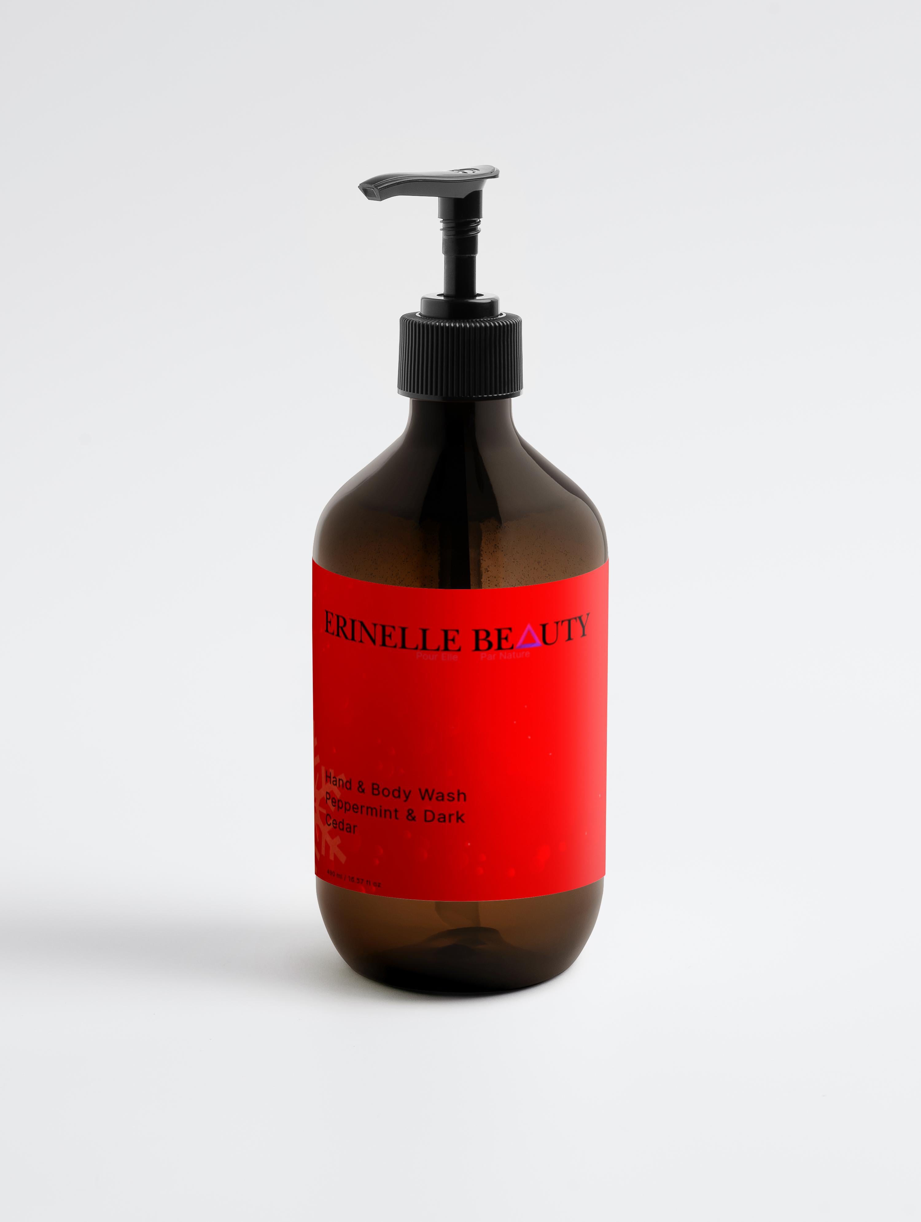 Erinelle Beauty natural peppermint and cedar body wash in brown pump bottle with red label