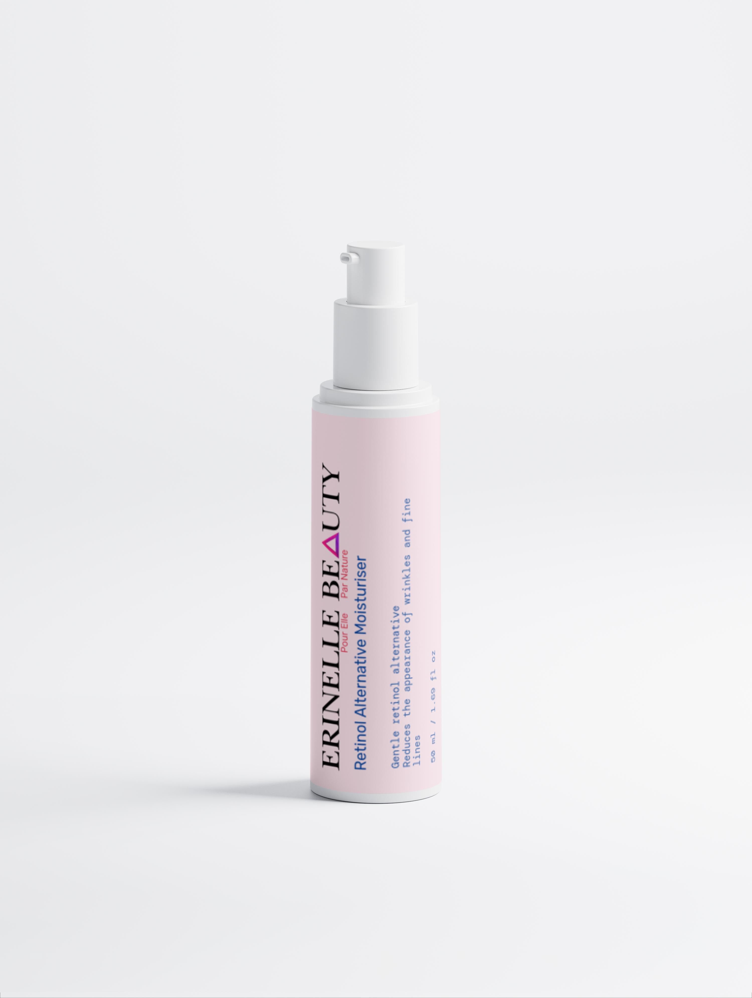 Erinelle Beauty natural retinol alternative moisturizer in pink pump bottle for skincare