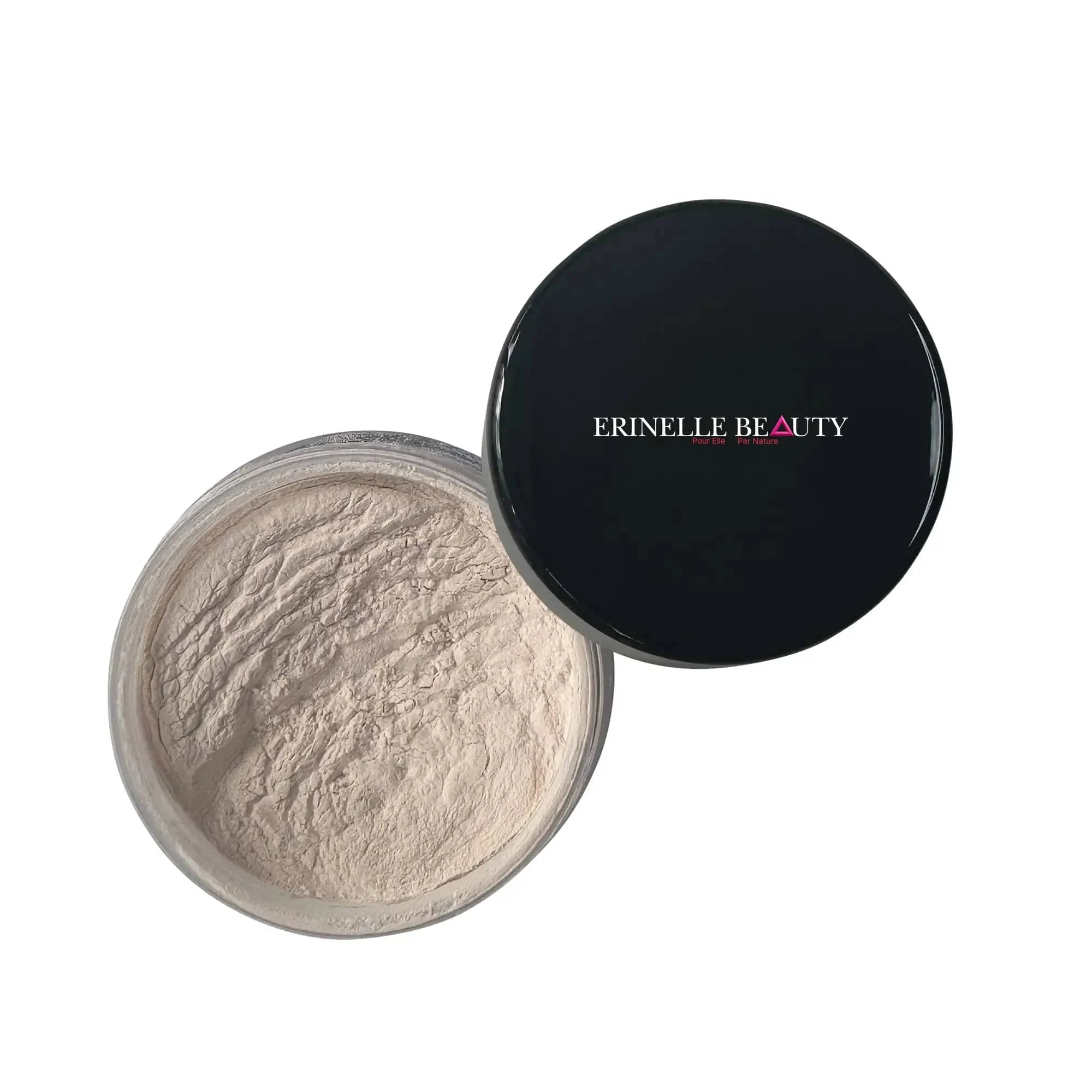 Erinelle Beauty organic face powder for women in a clear container with black lid