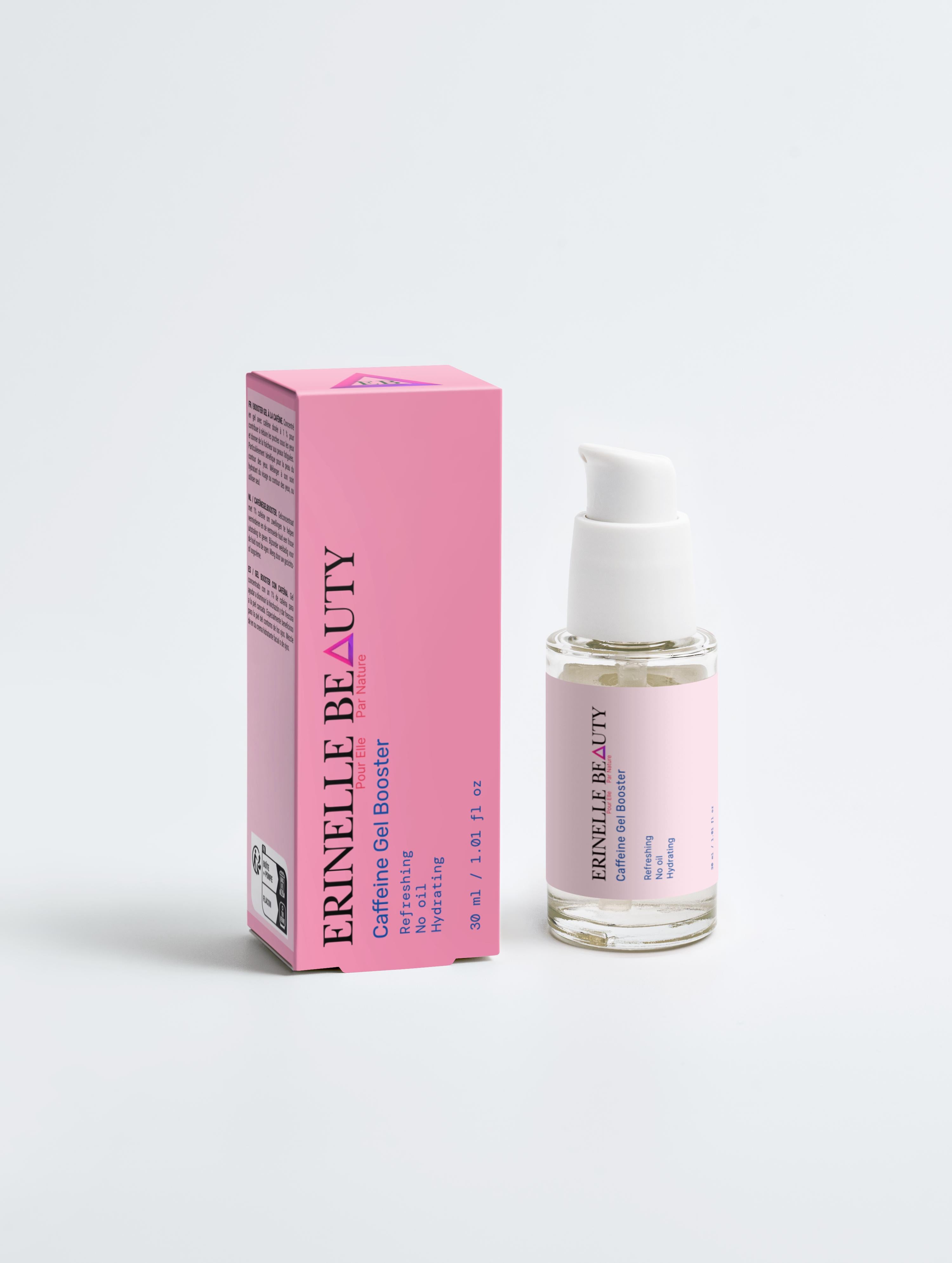Erinelle Beauty caffeine face serum for puffiness in clear dropper bottle with pink packaging