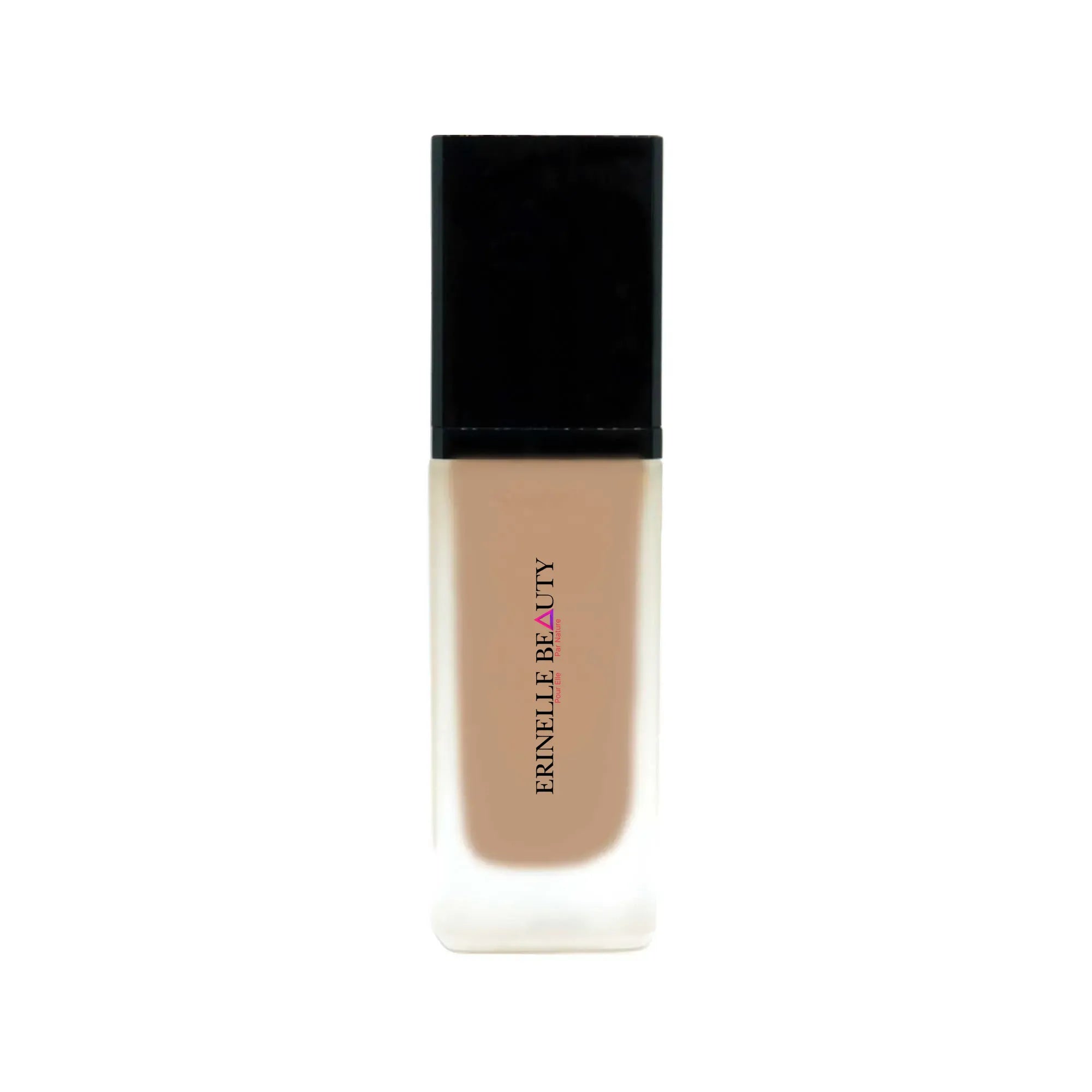 Erinelle Beauty gentle skin foundation with natural ingredients in a frosted glass bottle with black cap