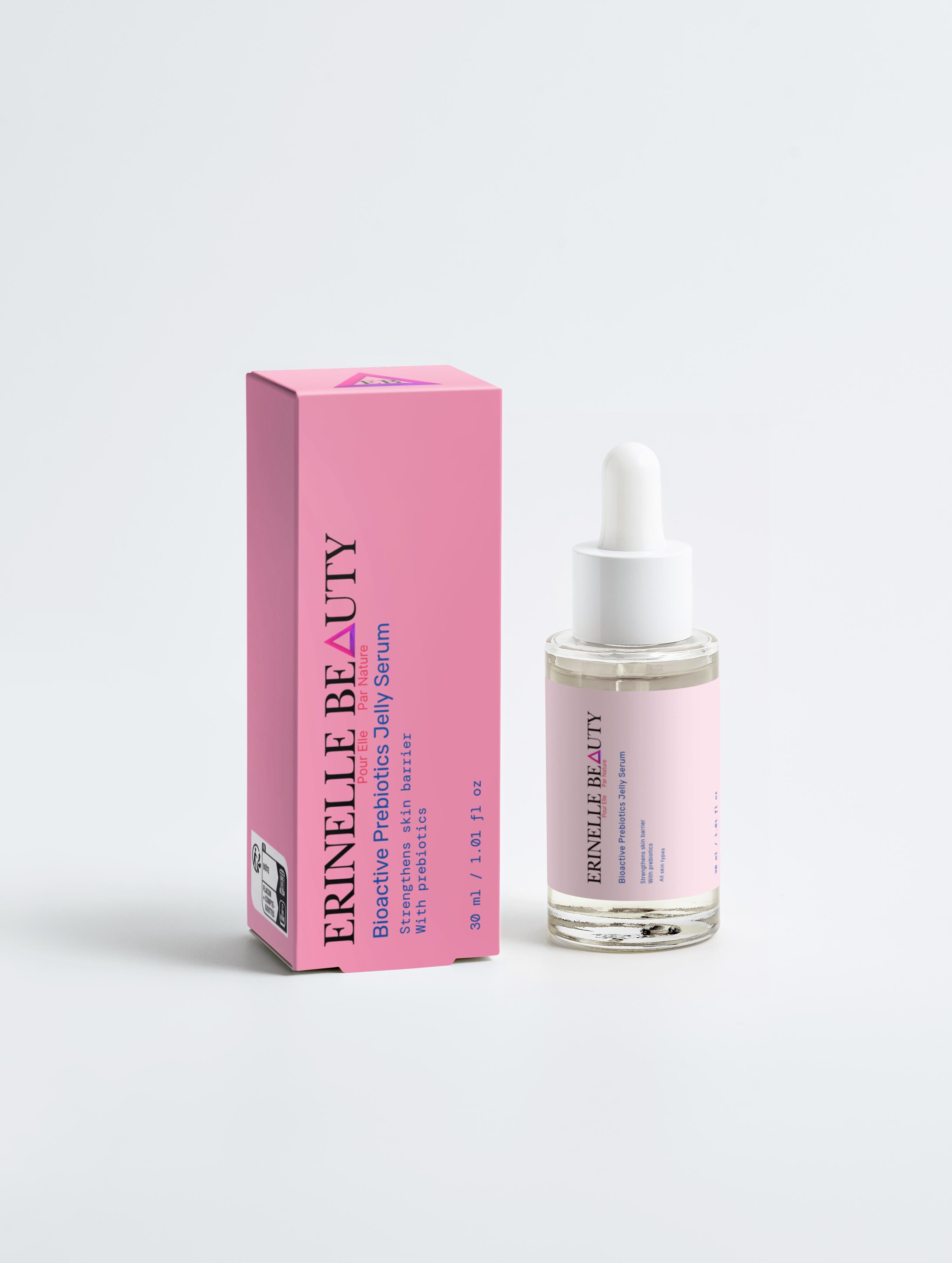 Erinelle Beauty hydrating serum with prebiotics in pink box and clear dropper bottle