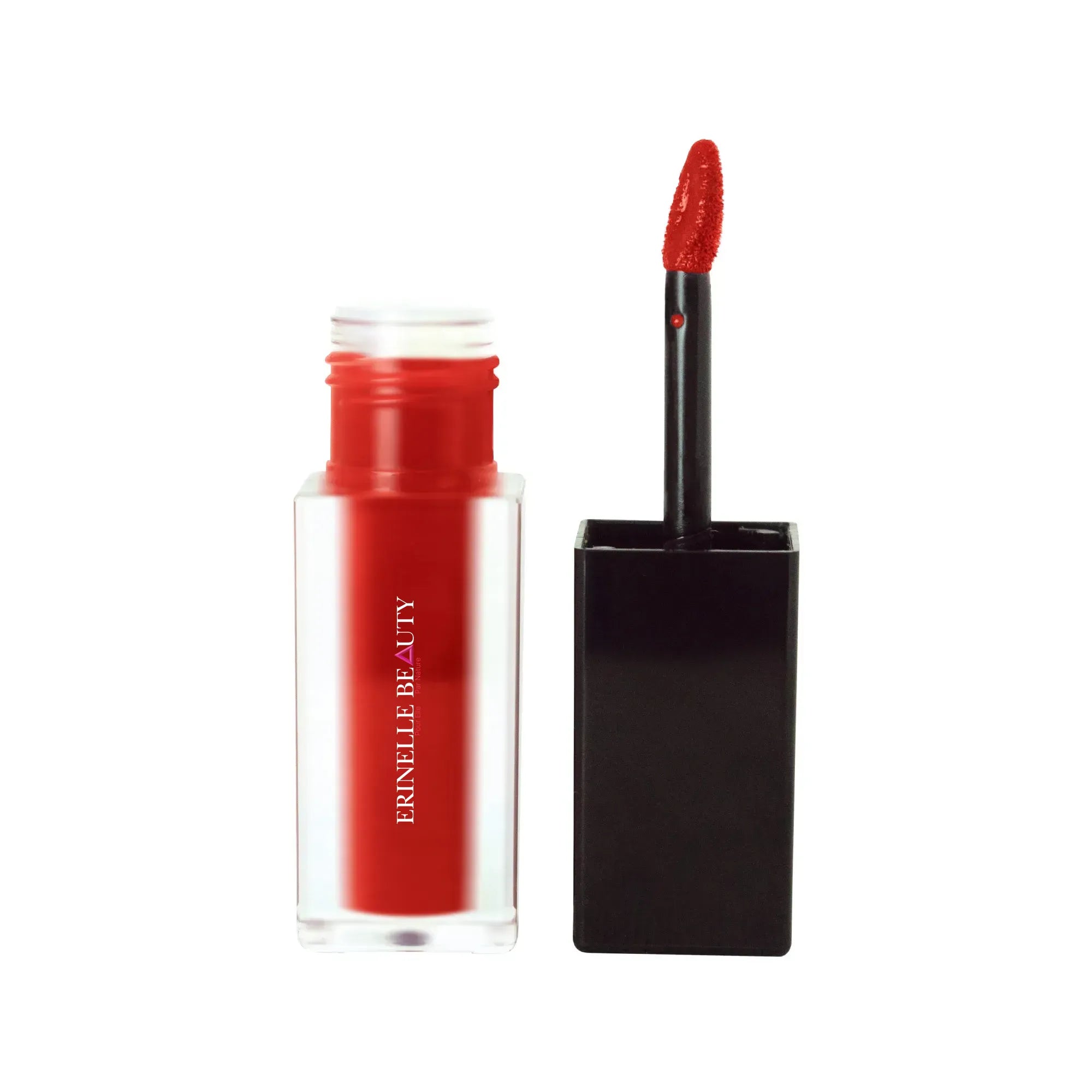 Erinelle Beauty red lip stain lip stain with open applicator wand showing vibrant color