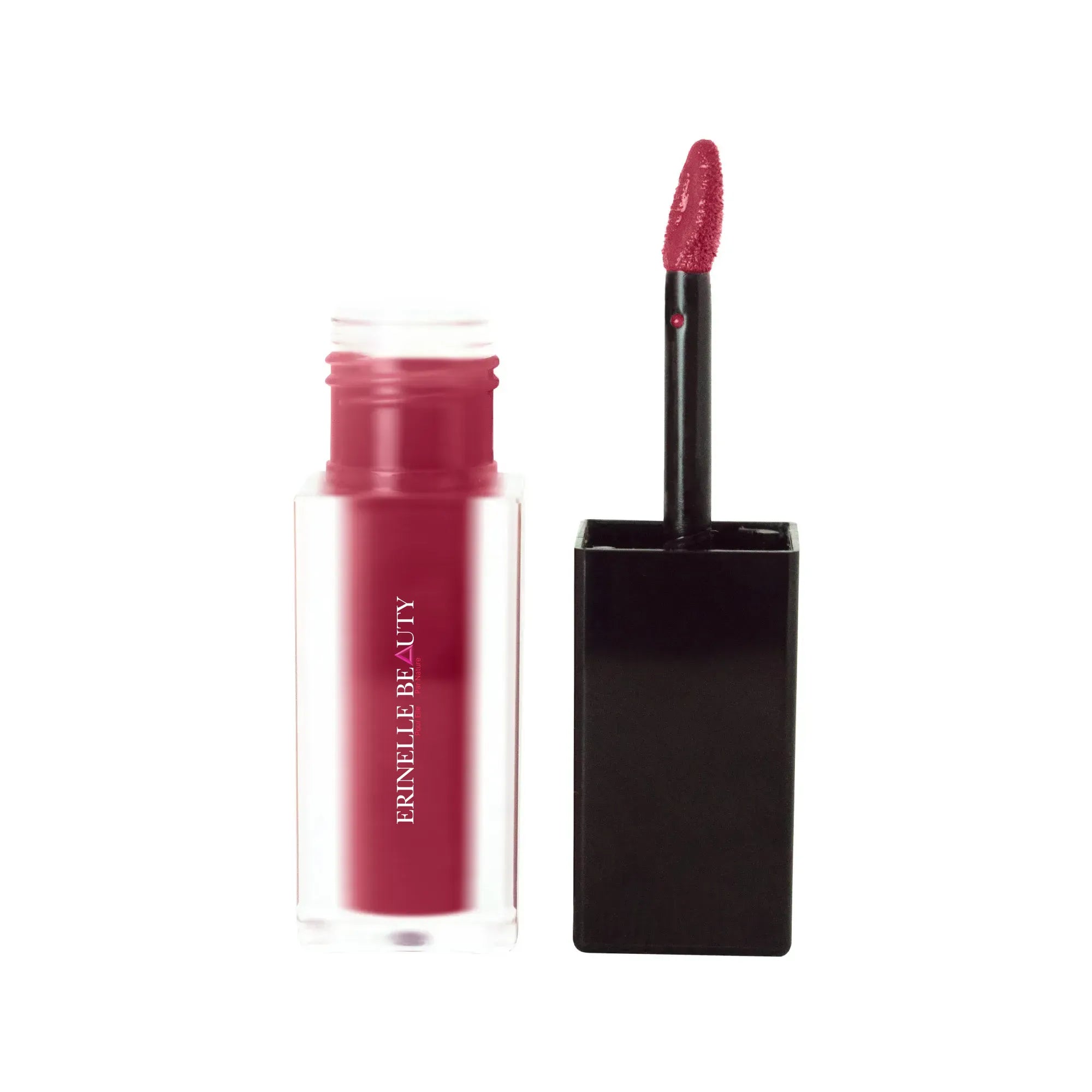 Erinelle Beauty lip stain lips in deep rose color with applicator and clear bottle