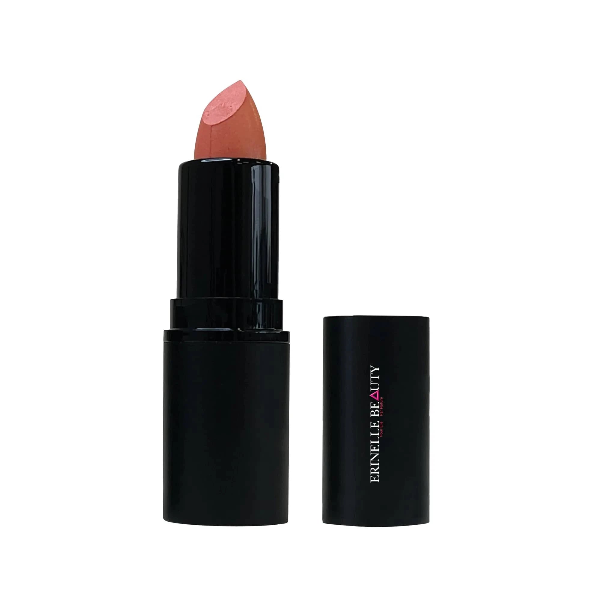 Erinelle Beauty moisturizing nude lipstick for women in sleek black tube with cap off