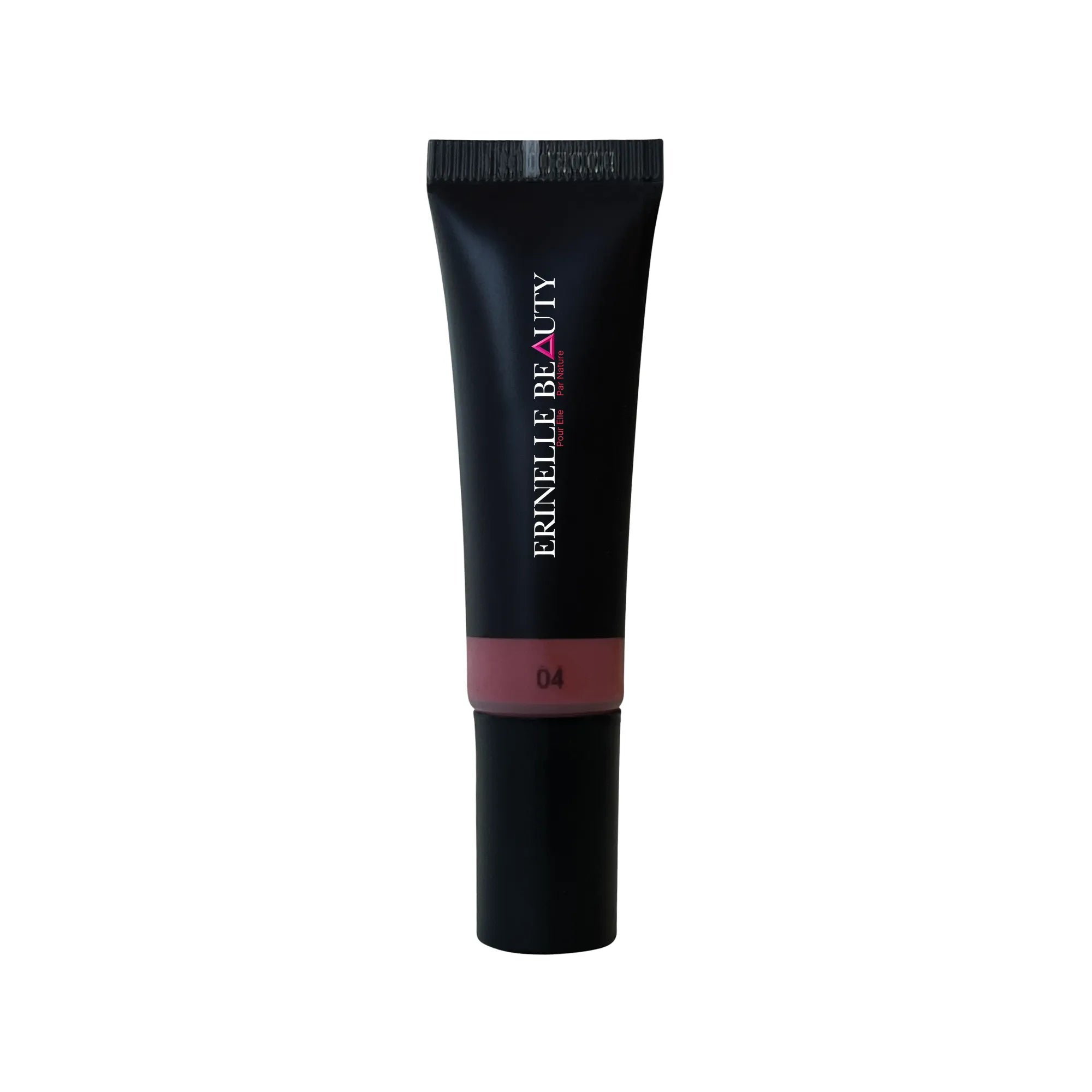 Erinelle Beauty lip gloss tube in black packaging featuring nature-based cosmetics for glowing skin