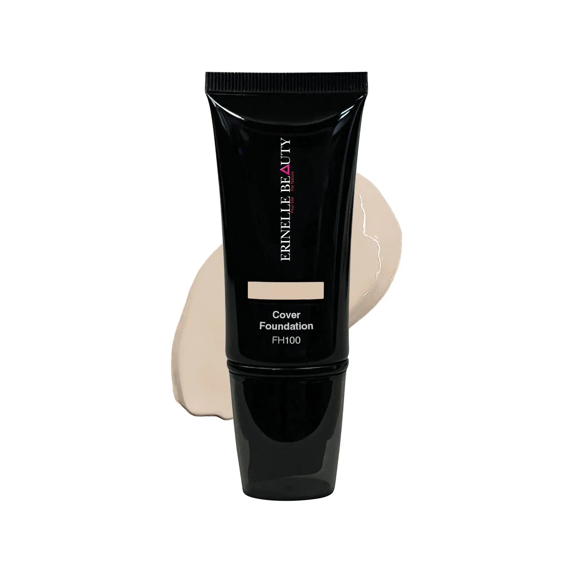 Erinelle Beauty cover foundation tube with latte shade foundation for women swatch behind