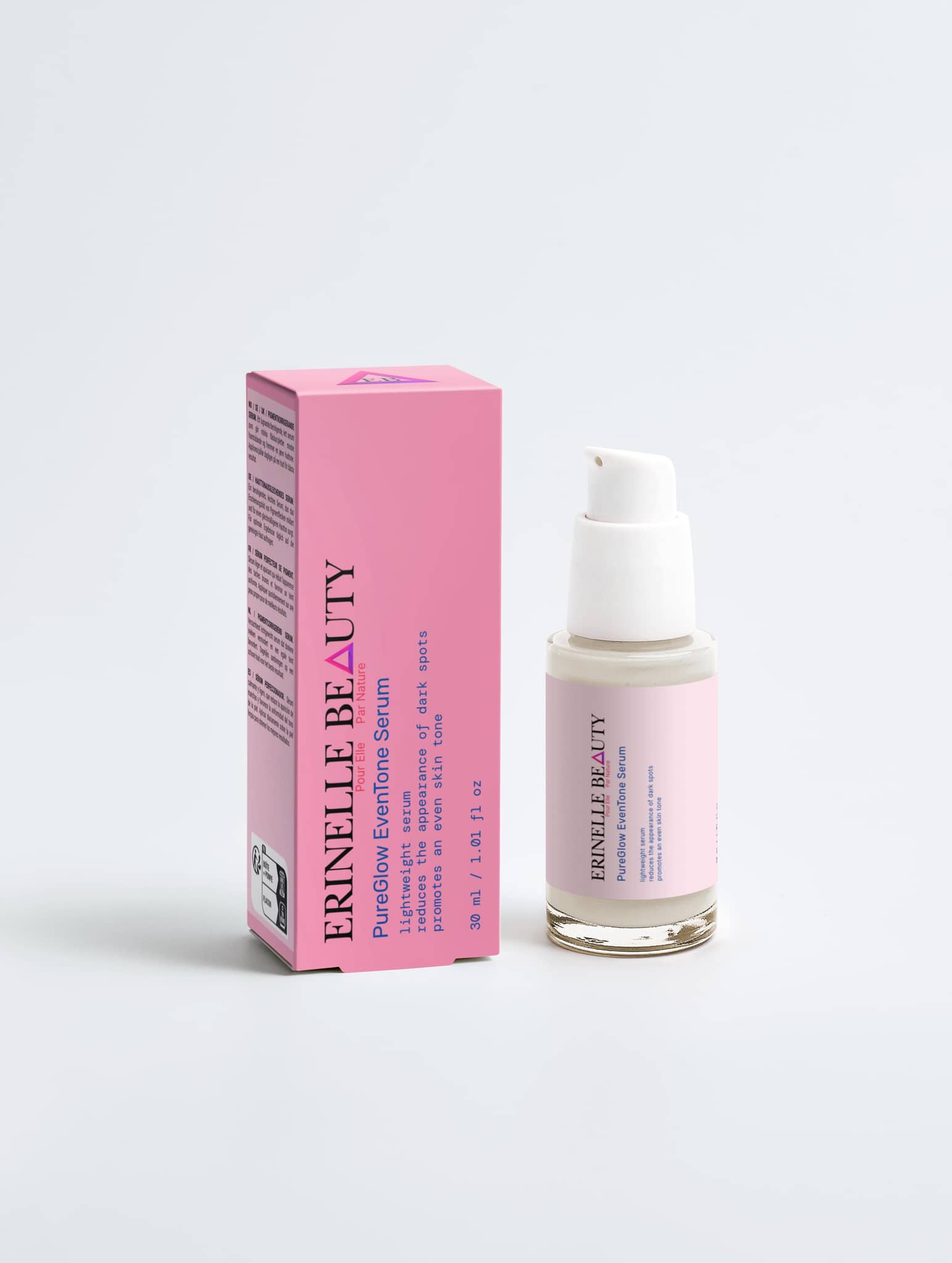 Erinelle Beauty pure brightening serum for women in pink bottle and packaging