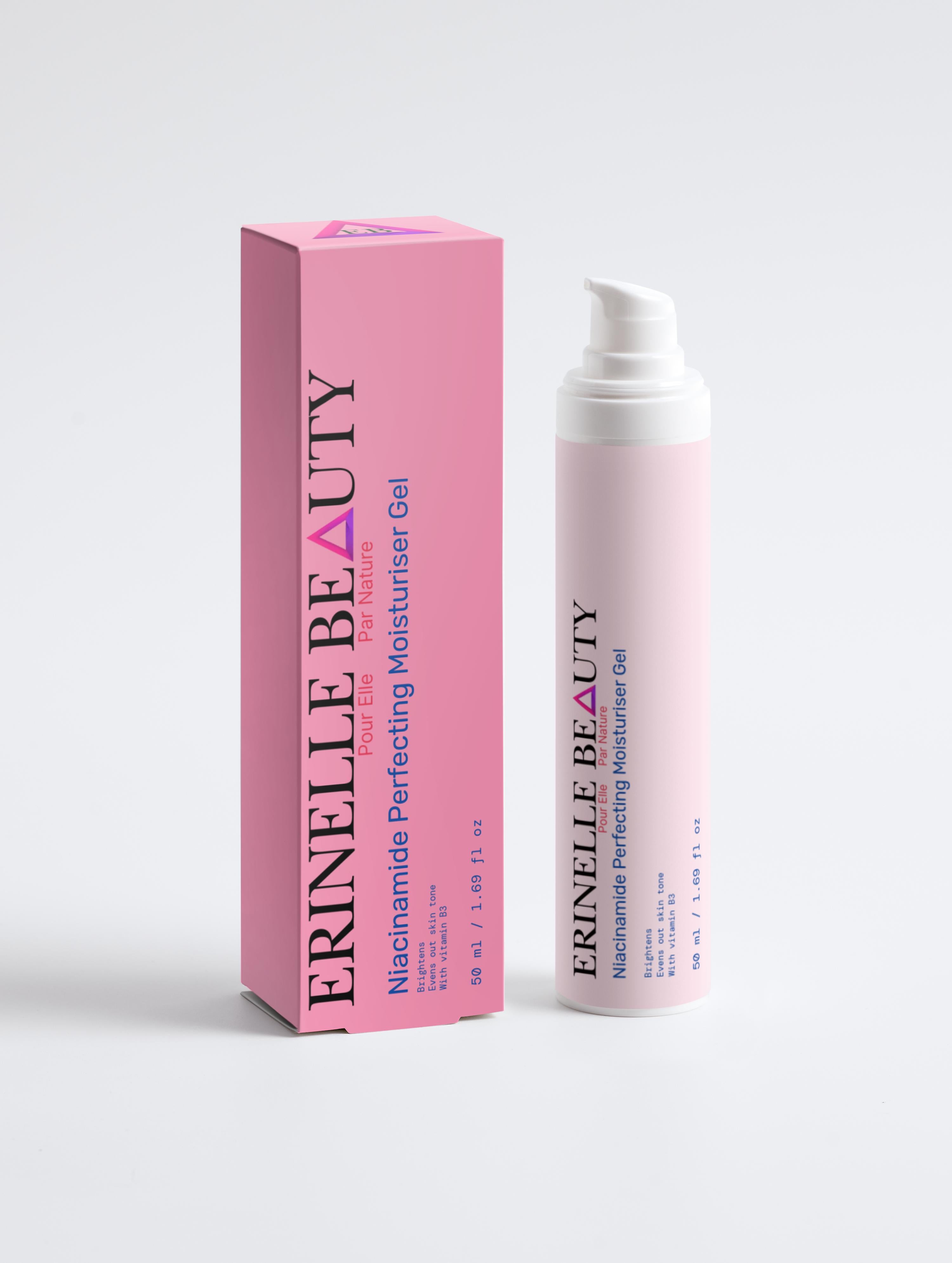 Erinelle Beauty niacinamide moisturizer gel in pink pump bottle and matching pink box