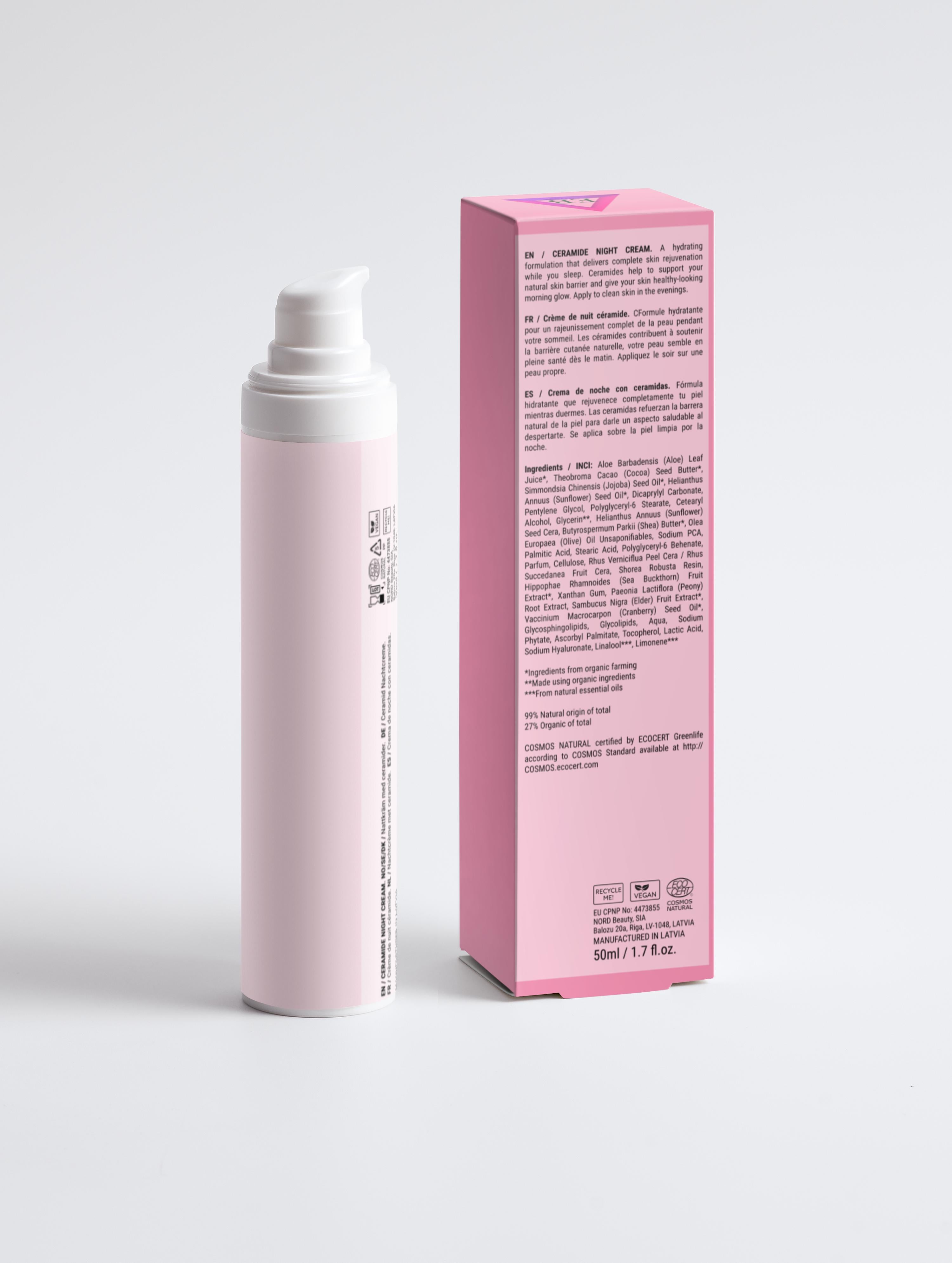 Erinelle Beauty ceramide overnight repair cream in pink pump bottle with matching box showing product details