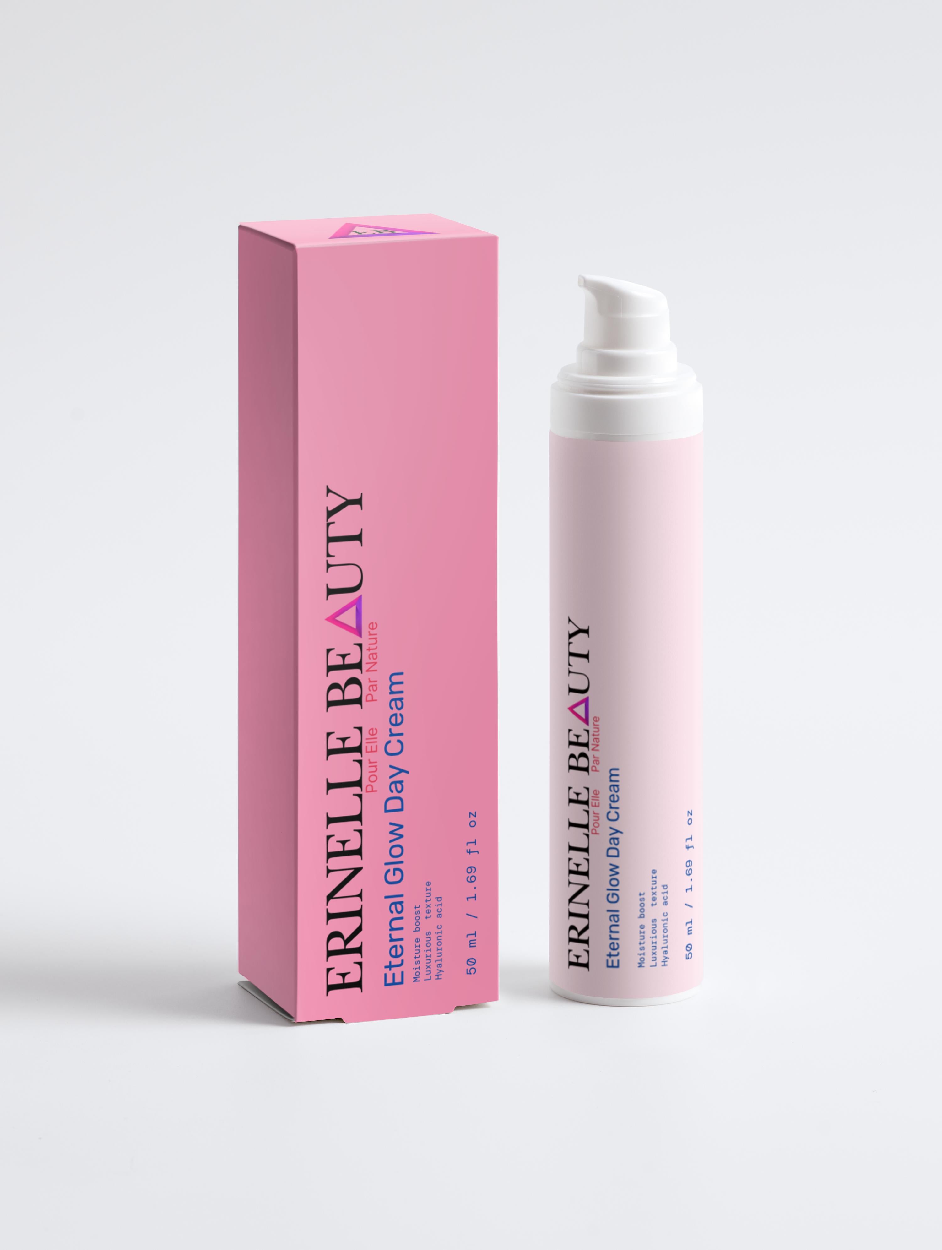 Erinelle Beauty natural day cream for glowing skin in pink pump bottle and box packaging