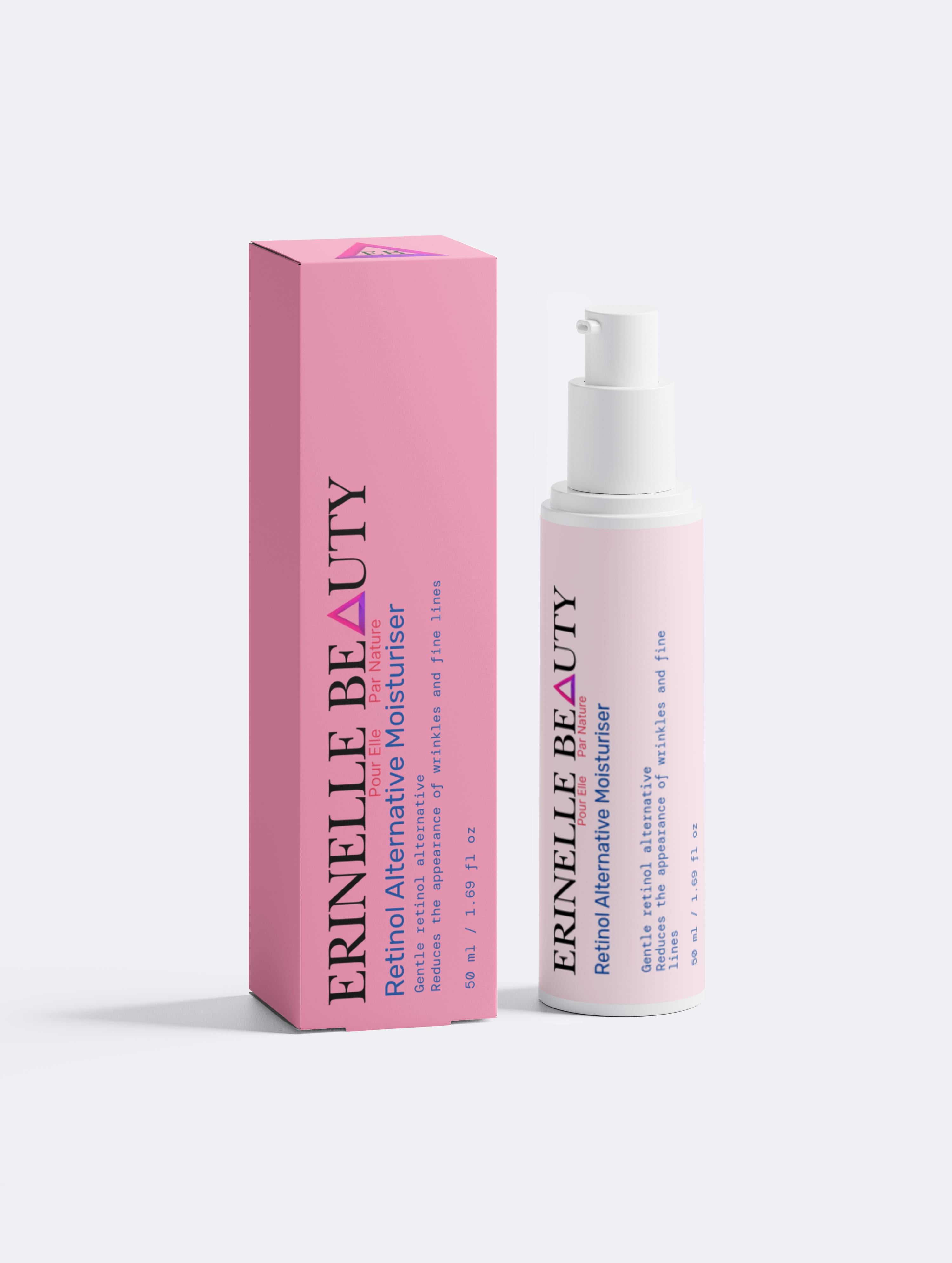 Erinelle Beauty natural retinol alternative moisturizer in pink pump bottle with matching box