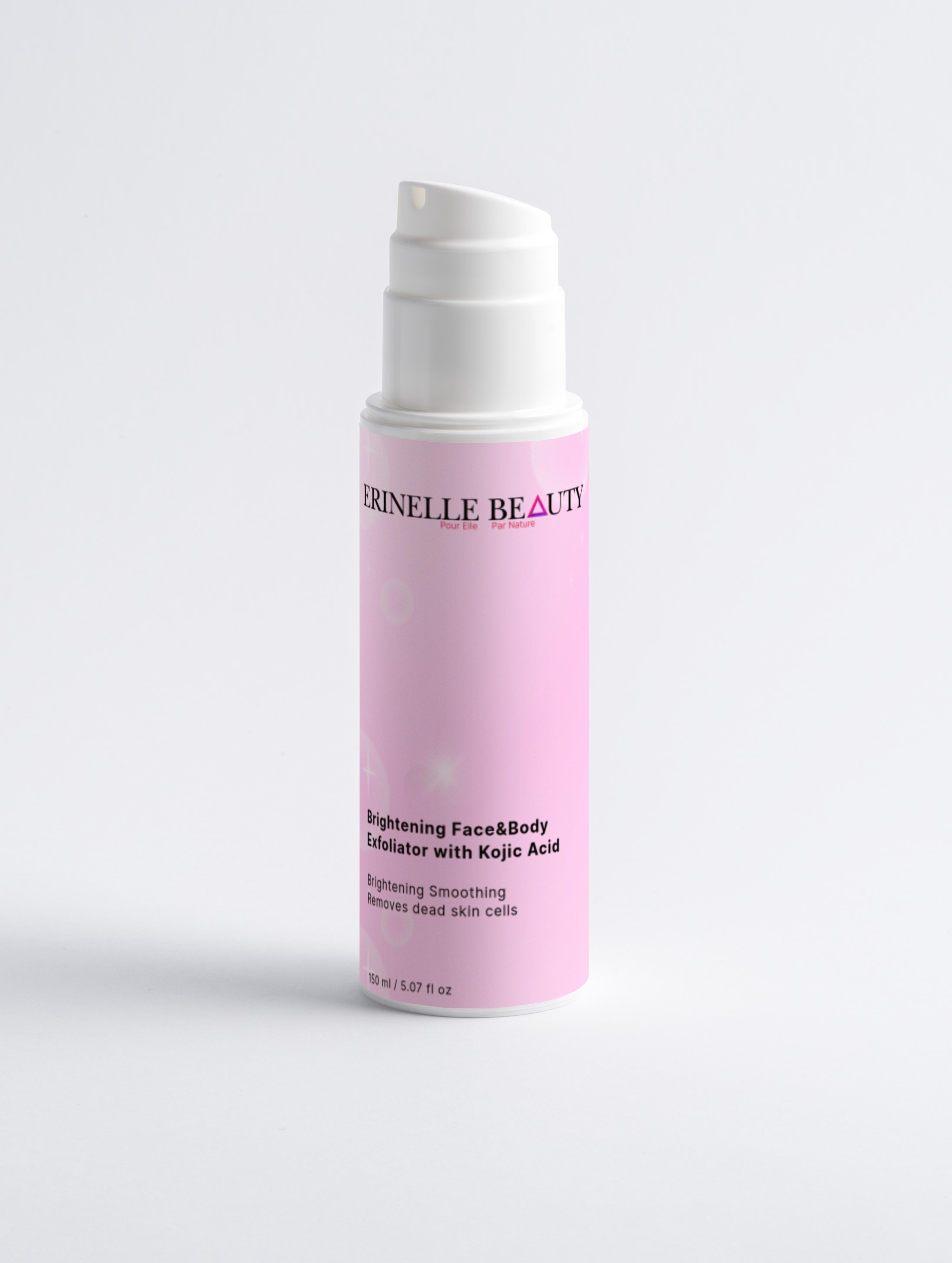 Erinelle Beauty natural brightening body scrub in a pink pump bottle for face and body exfoliation