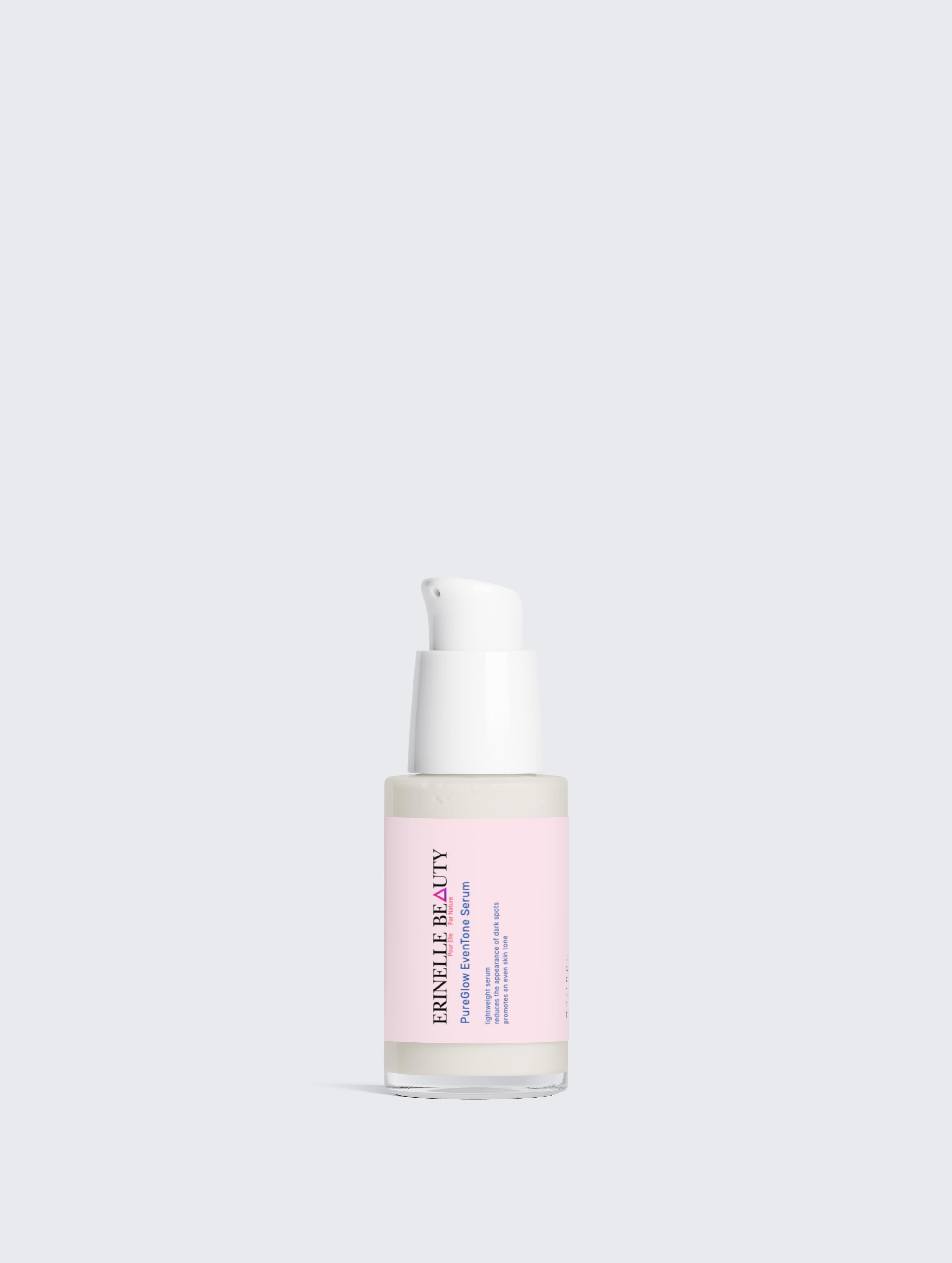 Erinelle Beauty pure brightening serum for women in a white pump bottle with a pink label